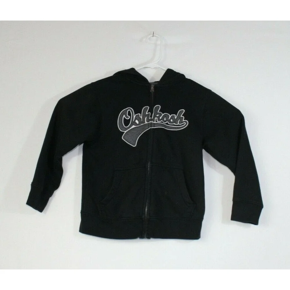 OshKosh Bgosh Full Zip Hoodie Kid 7X Black Athletic Script Logo Patch Sweatshirt